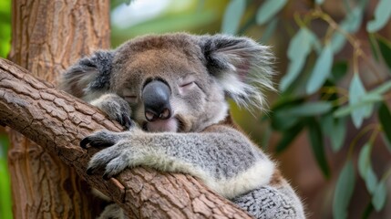 Obraz premium Koala Sleeping Peacefully on a Tree Branch in a Natural Habitat Surrounded by Greenery and Leaves