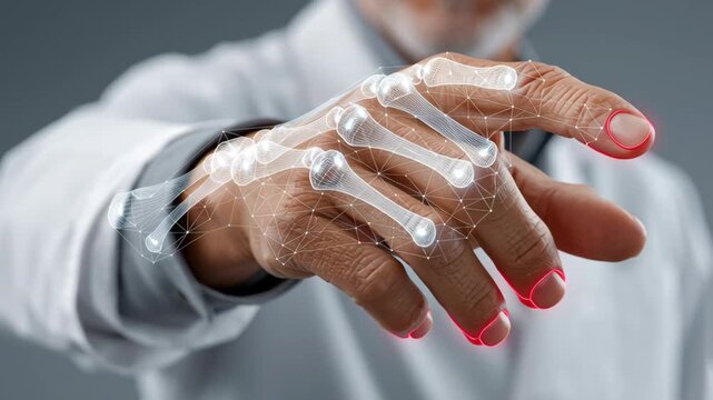 Healthcare for Seniors and Aging Tech concept ,Hand digital skeleton overlay showing finger bones joints medical anatomy