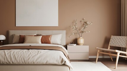 Serene Modern Minimalist Bedroom Interior with Earthy Tones, Comfortable Bed, and Elegant Contemporary Design Elements
