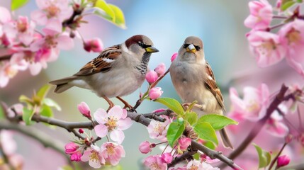 Fototapeta premium Two Sparrows Perched on Cherry Blossom Branch in Springtime Garden Setting