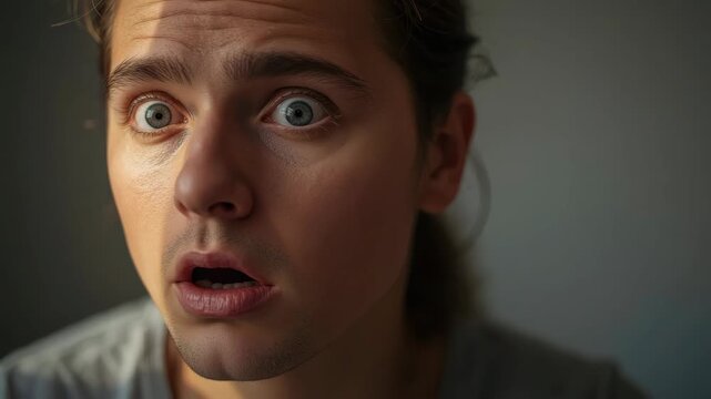 Surprised young man male portrait face expression startled with wide eyes and open mouth soft light