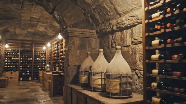 Exploring a historic wine cellar: rows of vintage bottles in an atmospheric stone vault