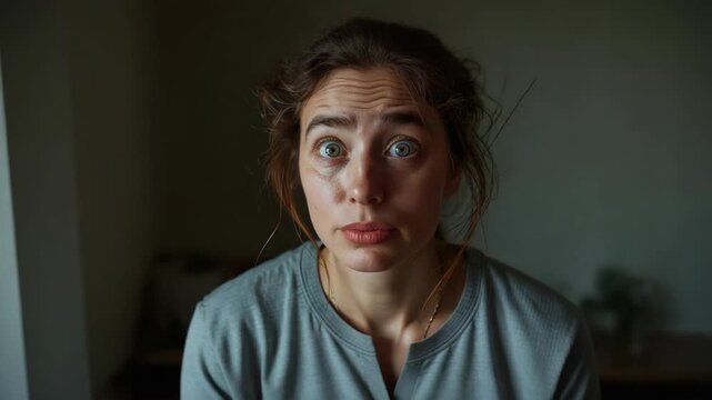 Surprised young woman messy hair wide eyes closeup portrait startled young woman open mouth