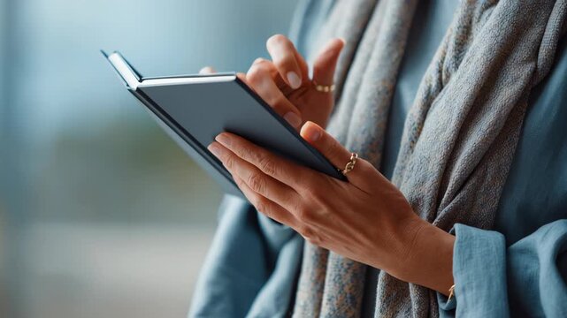 Healthcare for Seniors and Aging Tech concept ,Close up elder hand holding digital tablet and book with cozy scarf showing calm