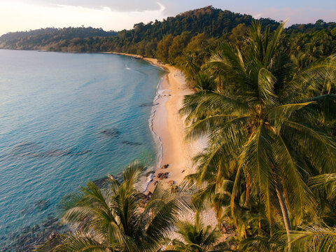Stunning takhian beach at koh kood thailand with lush palm trees bathed in golden sunlight