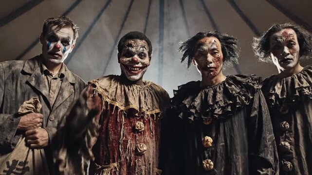 Creepy clowns in tattered costumes standing together
