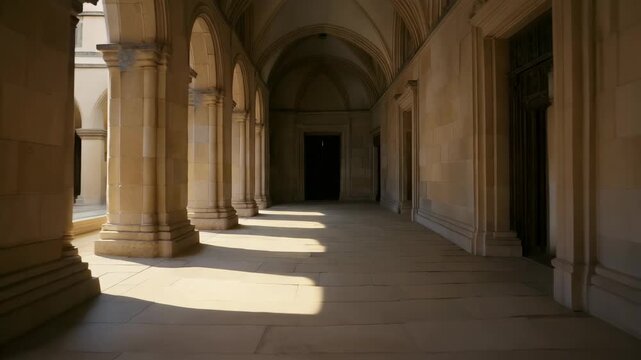 Sunlit architectural corridor with dramatic shadows and intricate stonework