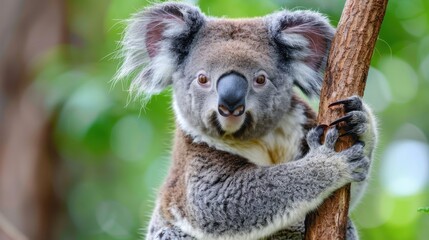Obraz premium Adorable koala perched on a tree branch surrounded by lush green foliage in bright, natural light