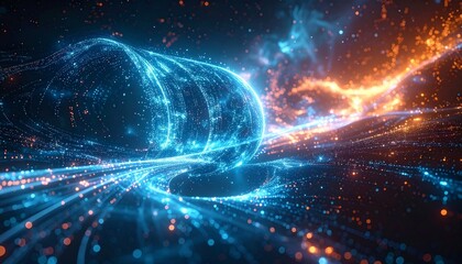Fototapeta premium An abstract blue fractal space background features a glowing spiral pattern of light and motion to create a cosmic energy design texture for a science fiction wallpaper