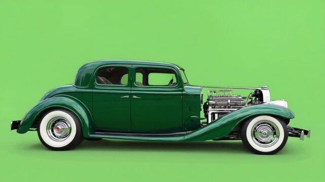Vintage green classic car with exposed engine against green background