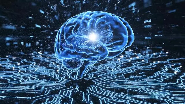 Futuristic glowing blue brain with digital circuits and electrical lightning showing artificial intelligence and big data processing