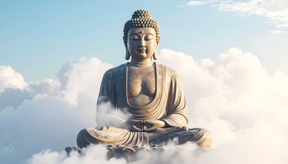 Fototapeta premium Peaceful Buddha statue in meditation pose, surrounded by white clouds and soft mist, balanced composition, natural light, respectful spiritual representation, realistic texture, minimal background, co