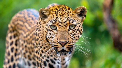 Obraz premium Close-Up of a Majestic Leopard Showcasing Its Spot Patterns in a Vibrant Natural Habitat