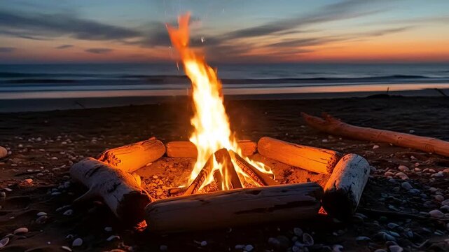 A vibrant bonfire burns brightly on a pebble beach, casting warm light as the sun sets over the ocean in the background.