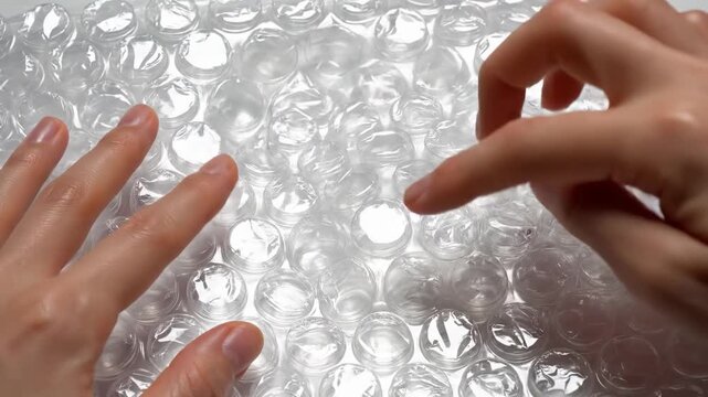 Relaxation through bubble wrap popping hand movement in closeup sequence