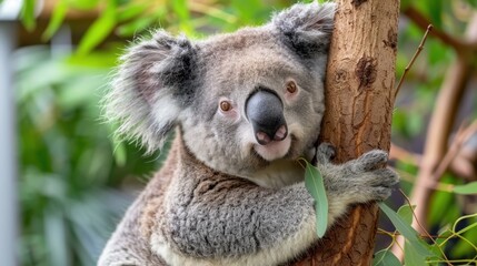 Naklejka premium Koala Clinging to Tree with Eucalyptus Leaves in a Natural Habitat Setting