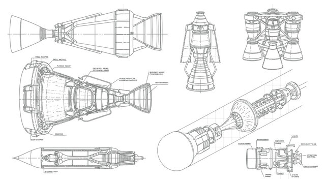 Collection of detailed rocket engine schematics and propulsion system diagrams, featuring diverse designs and technical components for space travel technology