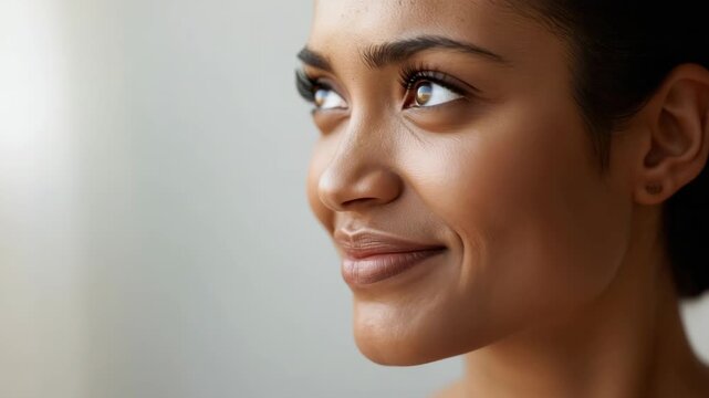 Young woman close up portrait smile looking up brown eyes soft natural light serene playful