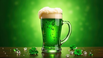 Green beer mug overflowing foam bubbles, Irish pub celebration St Patrick's Day, shamrock clover floating beverage festive, traditional holiday drink