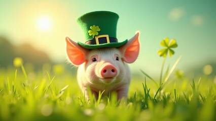 Pig wearing green leprechaun hat in grass field, clover shamrock spring meadow sunny, concept of St Patricks day