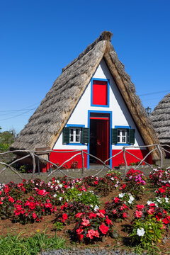 Traditional triangular Madeira homes in Santana on Madeira, Portugal.