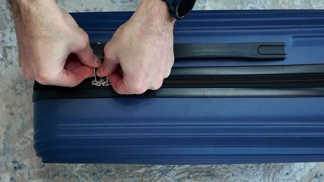 Top-down view of male hands zipping up and securing a blue travel suitcase. The traveler inserts the zipper pulls into the combination lock