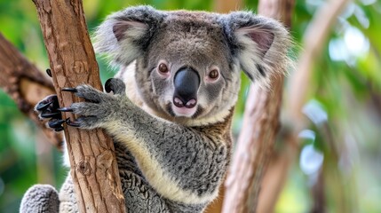 Close-up of a Koala Climbing a Tree Branch in a Natural Habitat Surrounded by Lush Greenery and Soft Lighting