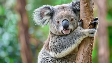 Obraz premium Playful Koala Clinging to Tree Branch in a Natural Habitat Surrounded by Lush Greenery and Soft Focus Background
