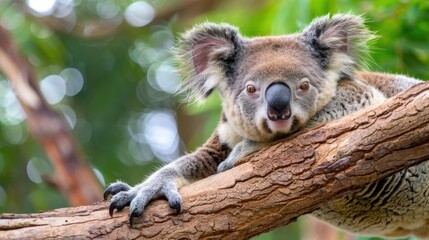Obraz premium Close-up of a Koala Resting on a Branch in a Lush Green Habitat, Showcasing Its Unique Facial Features and Soft Fur Texture