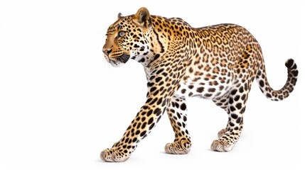 Obraz premium Majestic leopard walking gracefully on a white background showcasing its beautiful fur patterns and striking features