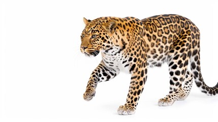 Fototapeta premium Majestic leopard walking gracefully on white background showcasing unique spotted fur pattern and elegant posture in its natural movement