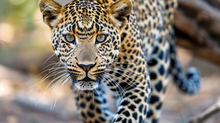 Fototapeta premium Striking Close-Up of a Majestic Leopard in Natural Habitat, Showcasing Its Unique Spots and Intense Gaze