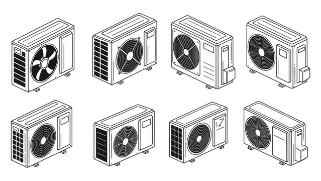 Collection of refrigeration condensing unit and fan drawings for industrial cooling systems vector