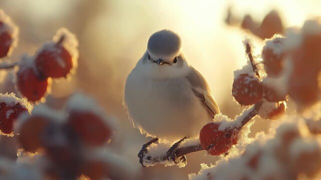 A small bird perches on a snowy branch with red berries, bathed in warm winter sunlight