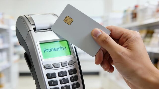 Payment processing at store with card in hand for shopping items