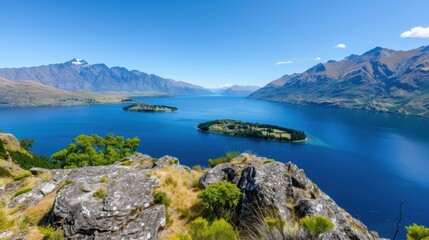 Fototapeta premium Stunning Scenic View of Lake and Mountains Surrounded by Lush Greenery Under Clear Blue Sky in New Zealand