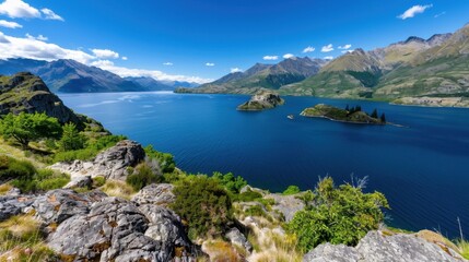 Serene Mountain Landscape with Clear Lake and Lush Greenery Under a Bright Blue Sky