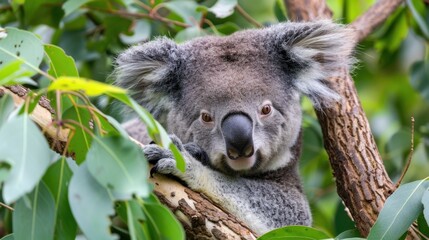 Obraz premium Close-up of a Koala Relaxing in a Tree Among Green Leaves in Its Natural Habitat