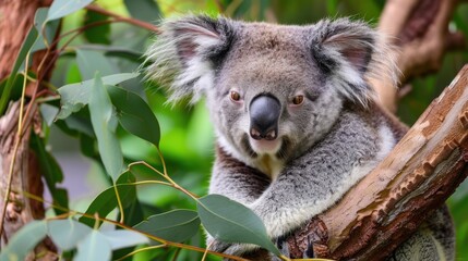 Obraz premium Close-Up of a Koala Sitting on a Branch Surrounded by Eucalyptus Leaves in Its Natural Habitat