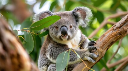 Fototapeta premium Close-up Portrait of a Koala Nestled Among Green Eucalyptus Leaves in a Natural Habitat Environment