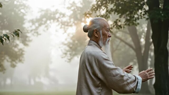 Elderly man with white beard and hair bun practicing tai chi or qigong in a foggy park at sunrise