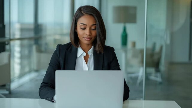 Professional businesswoman laptop office professional focused confident composed working with