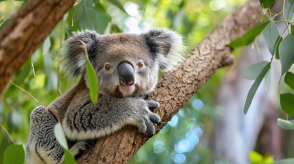 Fototapeta premium Cute koala resting on a eucalyptus tree branch amidst green foliage in a sunny natural habitat