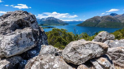 Scenic View of Majestic Mountains and Clear Lake Surrounded by Greenery and Rocky Terrain in Bright Sunshine