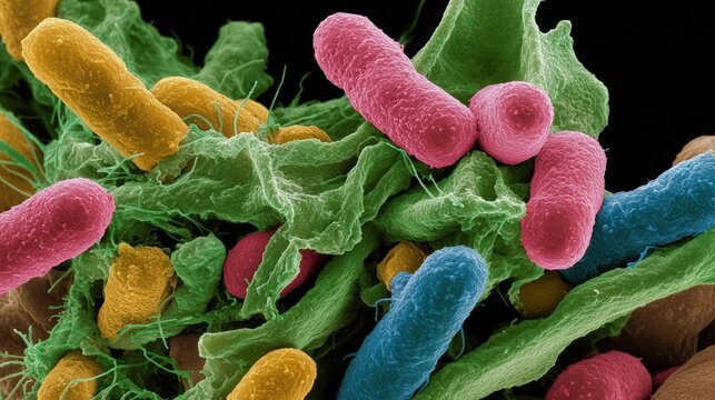 Colorful microscopic view of bacteria showing diverse shapes and structures