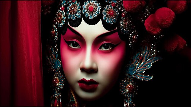 Elegant portrait of woman in traditional Chinese opera costume with dramatic red makeup and ornate headdress behind curtain