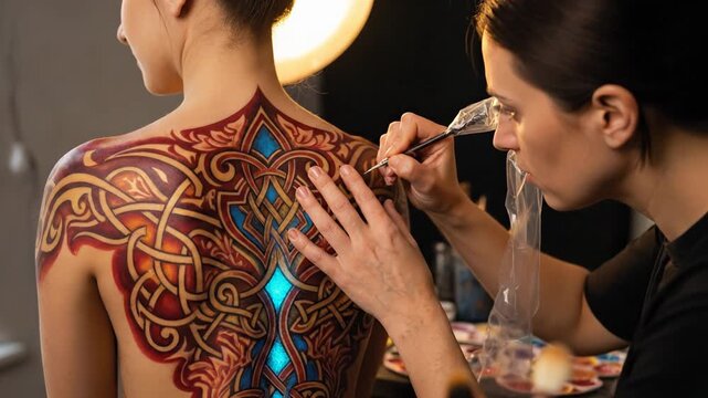 Artist body paints intricate Celtic-inspired design on woman's back