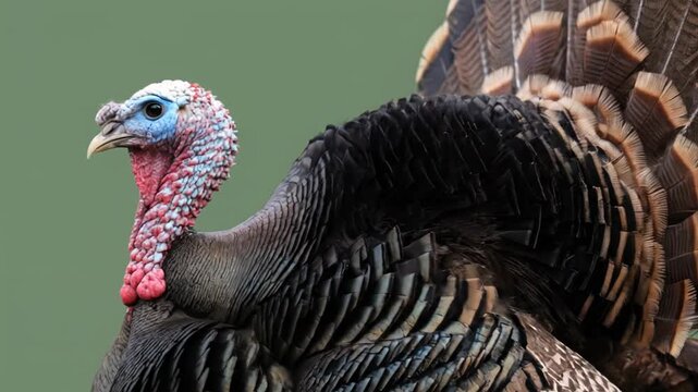 Close-up of a male wild turkey displaying its fanned tail feathers and wattle
