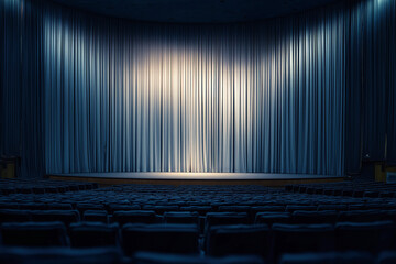 Dramatic Stage with Soft Lighting and Velvet Curtains in Theater
