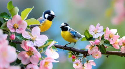 Obraz premium Beautiful Blue Tits on a Flowering Branch Surrounded by Pink Blossoms in a Spring Garden Setting